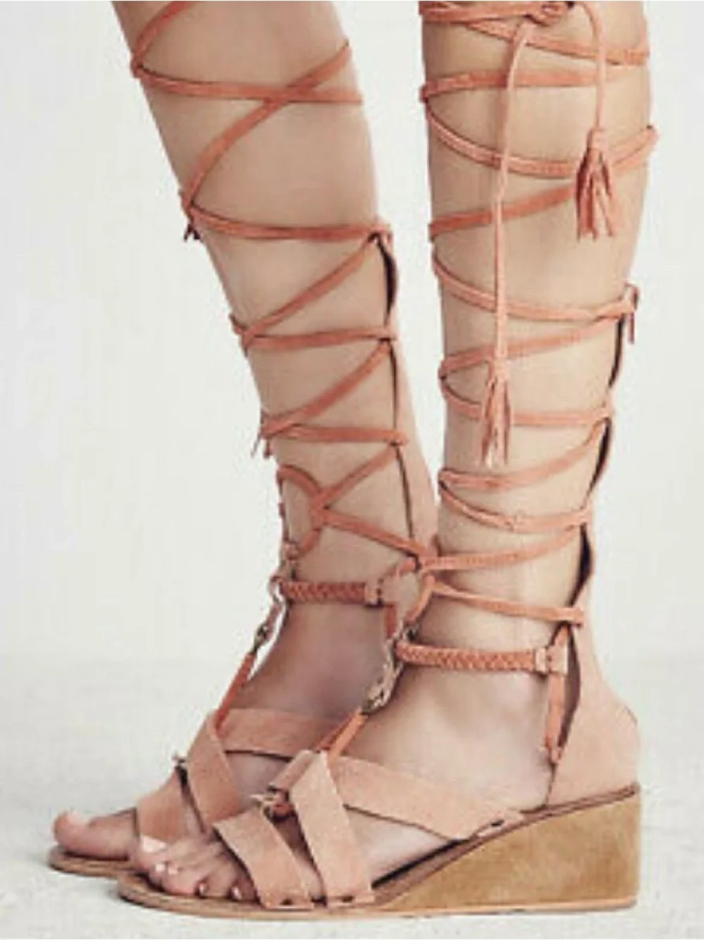 Free People Peach Lace-Up Gladiator Wedge Sandals